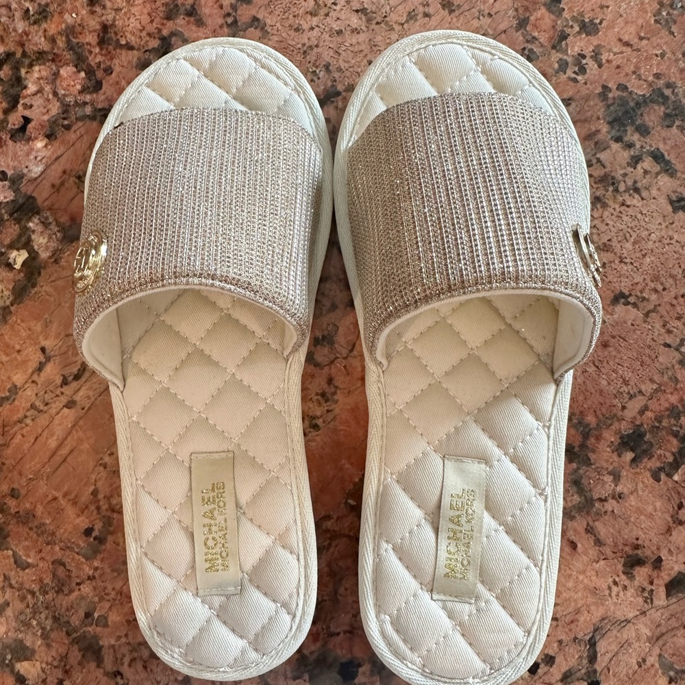 Michael Kors White and Gold Quilted Slide Sandals - brand new